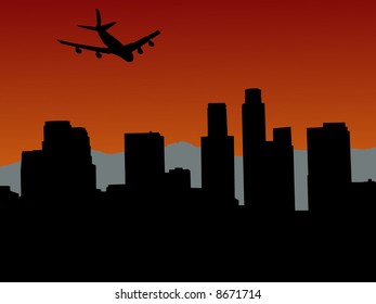 plane flying over Los Angeles skyline with mountains illustration