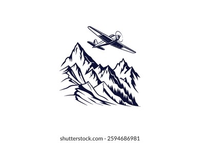 a plane flying over mountain range silhouette clip art vector illustration