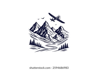 a plane flying over mountain range silhouette clip art vector illustration