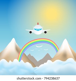 Plane flying over the mountains with rainbow and a flock of birds