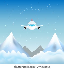 Plane flying over the snowy mountains with sky over the clouds in winter
