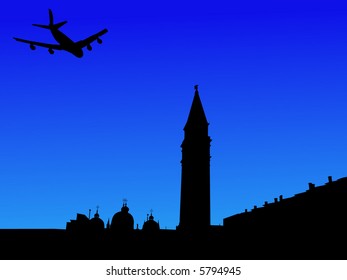 plane flying over St Marks Square with Campanile Venice