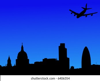 plane flying over St Paul's cathedral and London skyscrapers