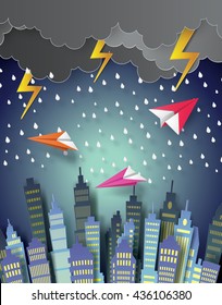  plane flying over the town with raining.paper art style.