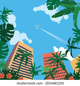 Plane flying over tropical resort town, view from below, EPS 8 vector illustration 