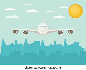 Plane flying over urban city. Vector illustration