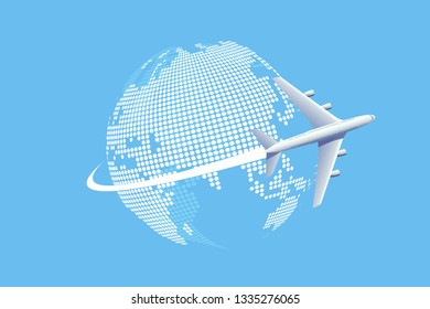 Plane flying over the World map.