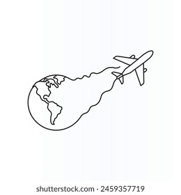 Plane flying over a world map line art vector illustration design