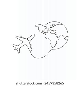 Plane flying over a world map line art vector illustration design