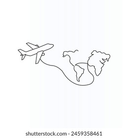 Plane flying over a world map line art vector illustration design