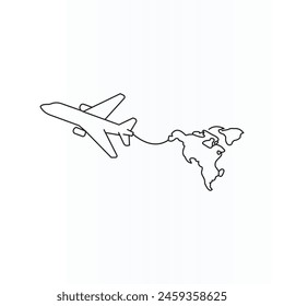 Plane flying over a world map line art vector illustration design.