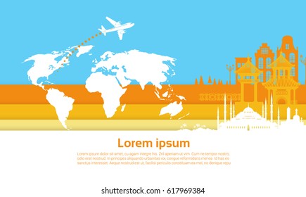 Plane Flying Over World Map To China City Tourism Concept Flat Vector Illustration