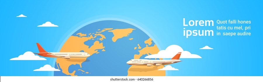 Plane Flying Over World Map Tourism Concept Vacation Trip Air Plane Flight Flat Vector Illustration