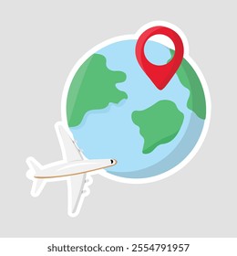 Plane Flying Over the World Vector Illustration Sticker. An airplane flying above a globe, symbolizing global travel and exploration. Perfect for wanderlust, adventure, and travel designs