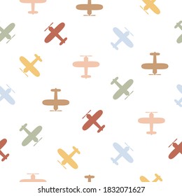 Plane flying seamless pattern. White child airplane color background. Vector illustration.