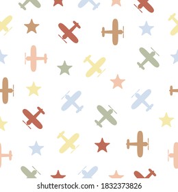 Plane flying seamless pattern. White child airplane color background. Vector illustration.