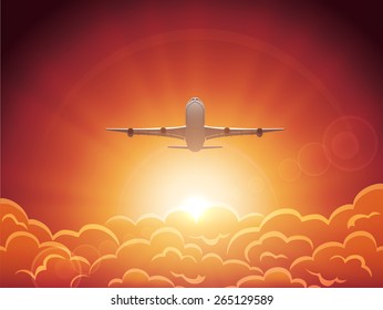 Plane flying in the sky above the clouds, illustration.