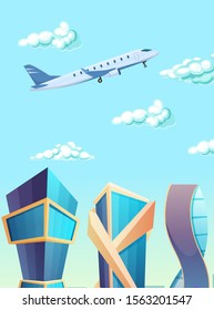 Plane flying in the sky, among clouds, over city buildings with skyscrapers. Streets of the big city. Facade, exterior of buildings. Traveling, air travel by plane. Vector illustration.