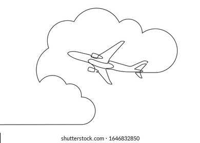 Plane flying in the sky among clouds in continuous line art drawing style. Traveling by airplane. Black linear sketch isolated on white background. Vector illustration