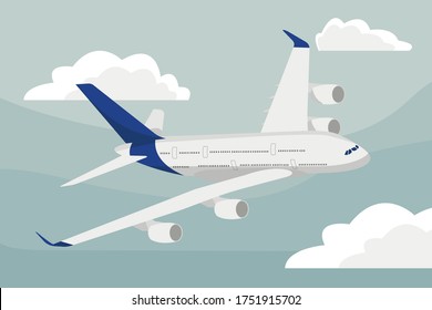 The plane is flying. Plane in the sky among the clouds. Vector illustration of an airplane.