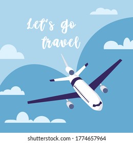 The plane is flying. Plane in the sky among the clouds. Vector illustration of an airplane. Let's go to travel