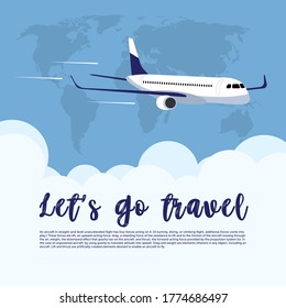 The plane is flying. Plane in the sky among the clouds. Vector illustration of an airplane. Let's go to travel