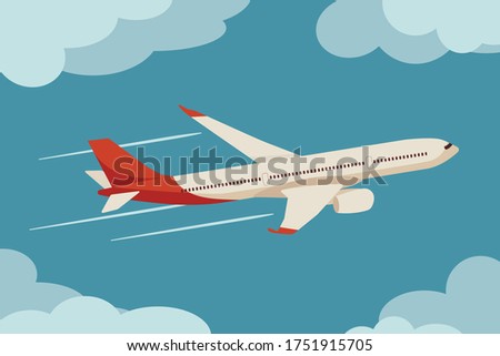 The plane is flying. Plane in the sky among the clouds. Vector illustration of an airplane.
