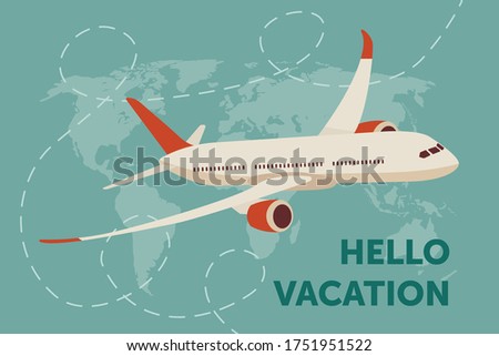 The plane is flying. Plane in the sky among the clouds. Vector illustration of an airplane.