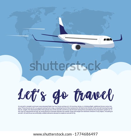The plane is flying. Plane in the sky among the clouds. Vector illustration of an airplane. Let's go to travel