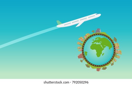 Plane flying in sky with green planet Vector illustration.Travelling around world concept.Banner tour art with transportation.