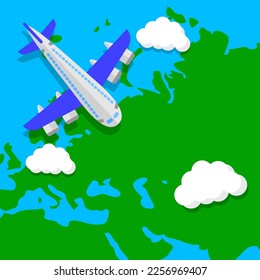Plane is flying in the sky over Europe. Vector illustration