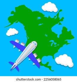 Plane is flying in the sky over North America, USA, Canada. Vector illustration