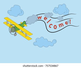 the plane flying in the sky, the words are welcome. concept of travel day, vector art and illustration.