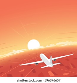 Plane Flying and Sunset
