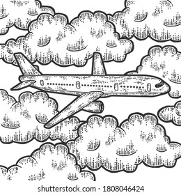 Plane is flying in thick clouds. Sketch scratch board imitation.