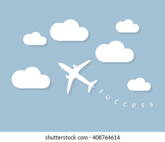 The plane is flying through clouds in the blue sky. Success consept. Flat design. Vector illustration