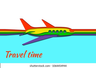 The plane flying through the sky, made of several layers of colored paper. Background in origami style. Time to travel