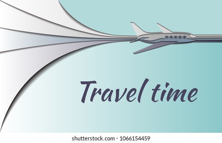 The plane flying through the sky, made of several layers of colored paper. Background in origami style. Time to travel