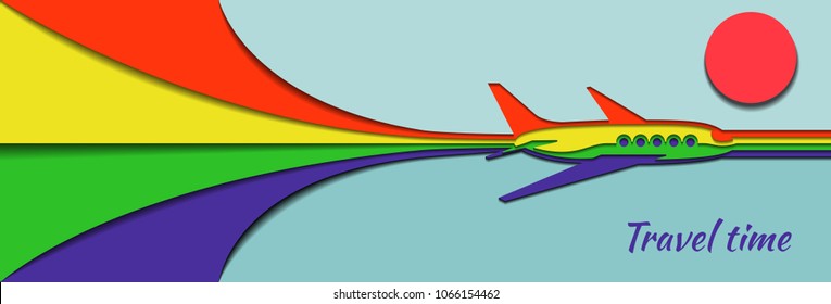 The plane flying through the sky, made of several layers of colored paper. Background in origami style. Time to travel