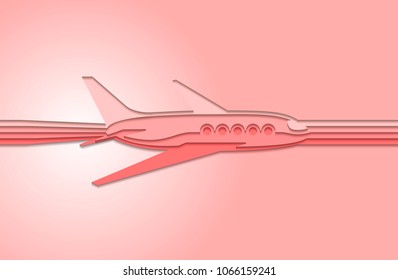 The plane flying through the sky, made of several layers of colored paper. Background in origami style.