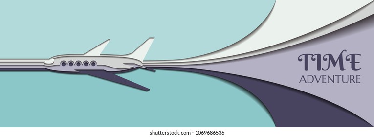 The plane flying through the sky, made of several layers of colored paper. Background in origami style. Adventure time