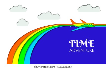 The plane flying through the sky, made of several layers of colored paper. Background in origami style. Adventure time