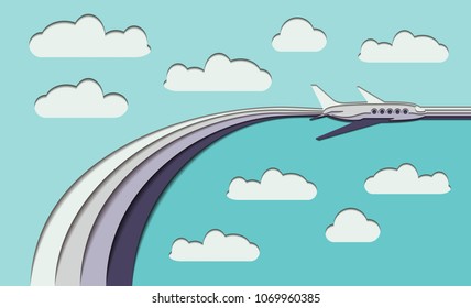 El avión volando por el cielo, hecho de varias capas de papel coloreado. Fondo en estilo origami.