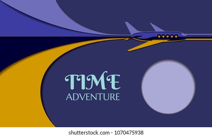 The plane flying through the sky, made of several layers of colored paper. Background in origami style. Adventure time