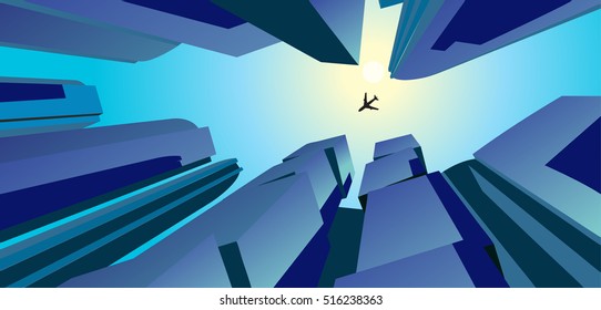 plane flying through the skyscrapers