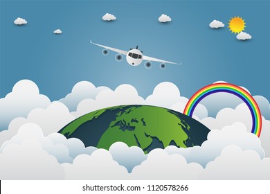 Plane is flying through the world,earth suns with a variety of clouds