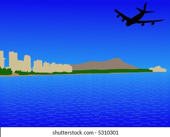 plane flying towards to Waikiki Skyline and Diamond Head oahu Hawaii