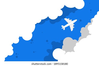 plane was flying under the clouds that formed a narrow channel with copy space, top view landscape, vector design illustration.