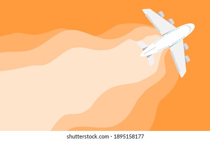 Plane was flying to the upper right with a gradient orange waves behind with copy space on orange background, top view landscape, vector design illustration.