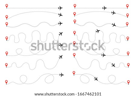 The plane follows the dotted line. Flights traveling from the origin to the destination on the world map.